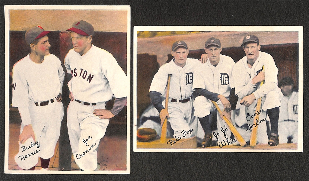Lot of (2) 1936 R312 Goudey Color Pastel Premiums w/ Red Sox (Joe Cronin/Bucky Harris) and Detroit Tigers (Goose Goslin, Pete Fox, Jo Jo White)